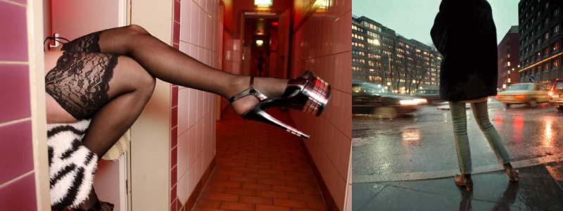En prostituerad kvinna väntar på kunder i Frankfurt, och en kollega i Stockholm på Malmskillnadsgatan.