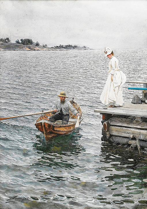 Akvarellen ”Sommarnöje”, 1886, med Anders Zorns hustru Emma på Dalarö-bryggan, såldes för 26 miljoner – den dyraste svenska målningen någonsin. Nu visas den i Paris.