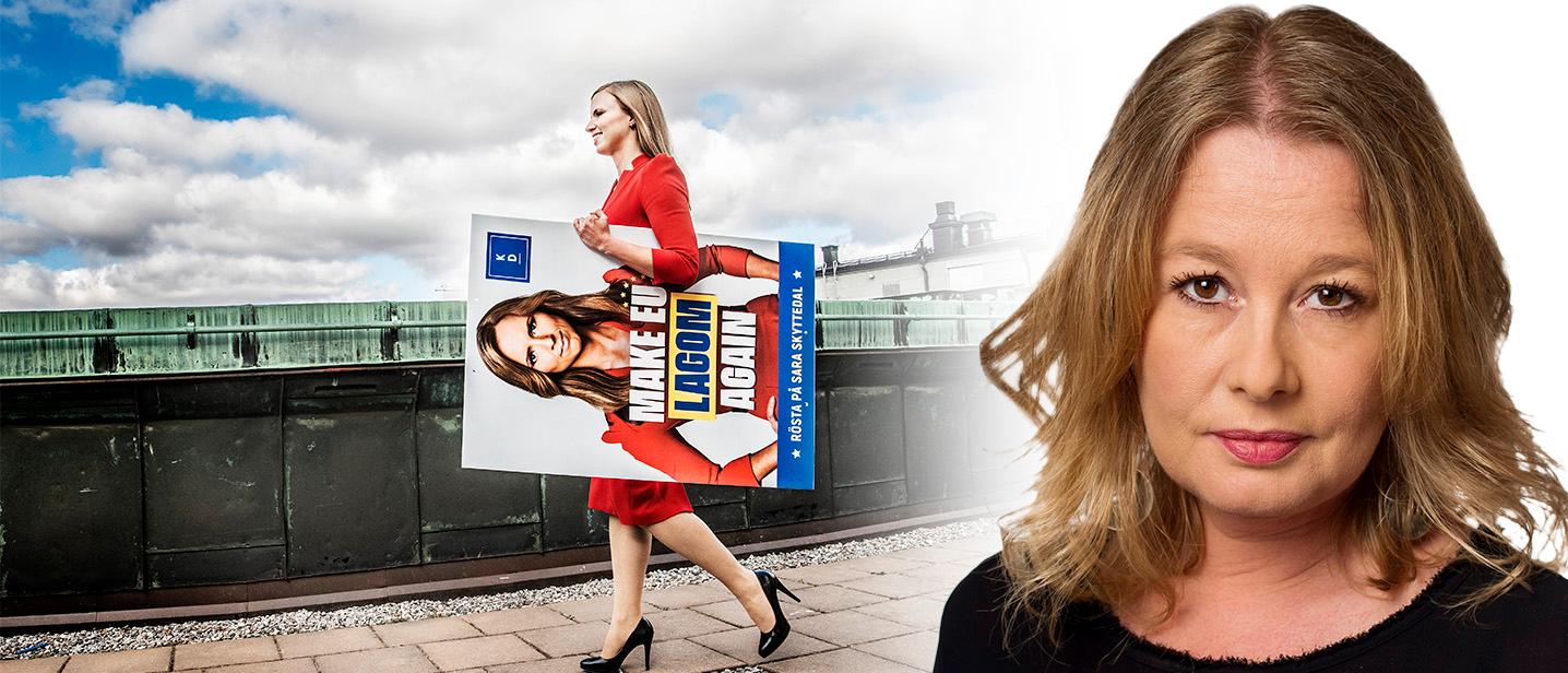 Sara Skyttedal, Kristdemokraternas toppkandidat i det kommande EU-valet med en av partiets valaffischer.