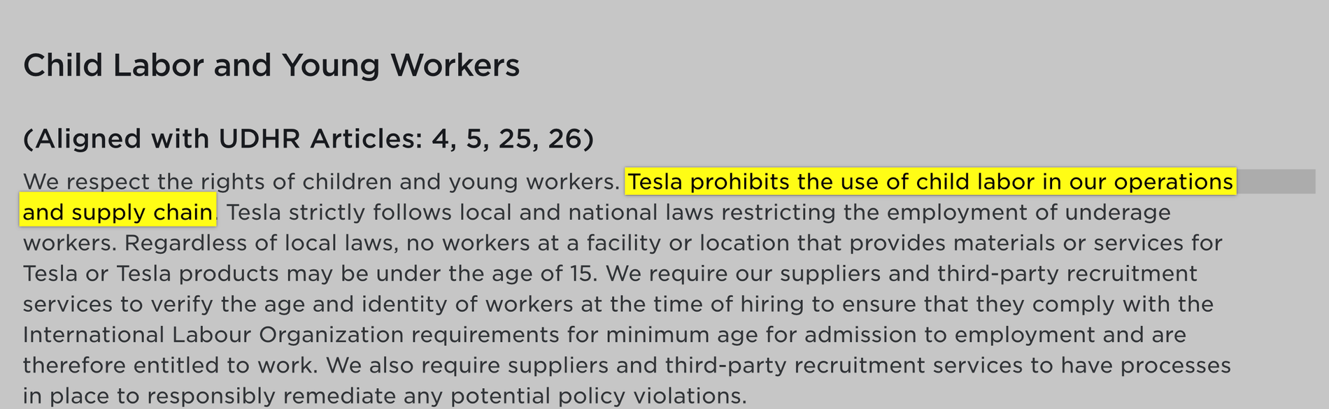 Teslas uppförandekod förbjuder barnarbete.