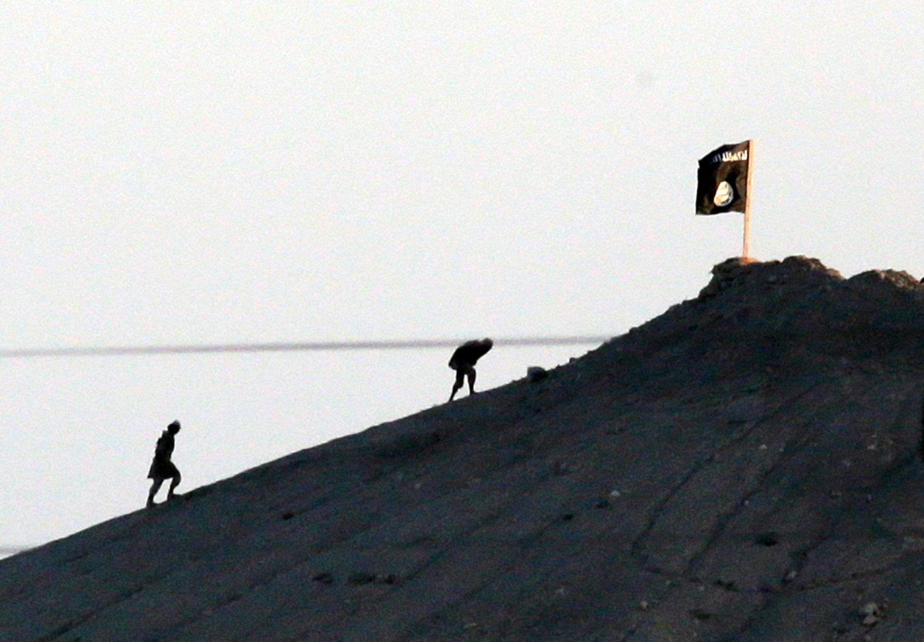 IS-medlemmar sätter sin flagga på ett backkrön utanför staden Kobane i Syrien 2014. Arkivbild.