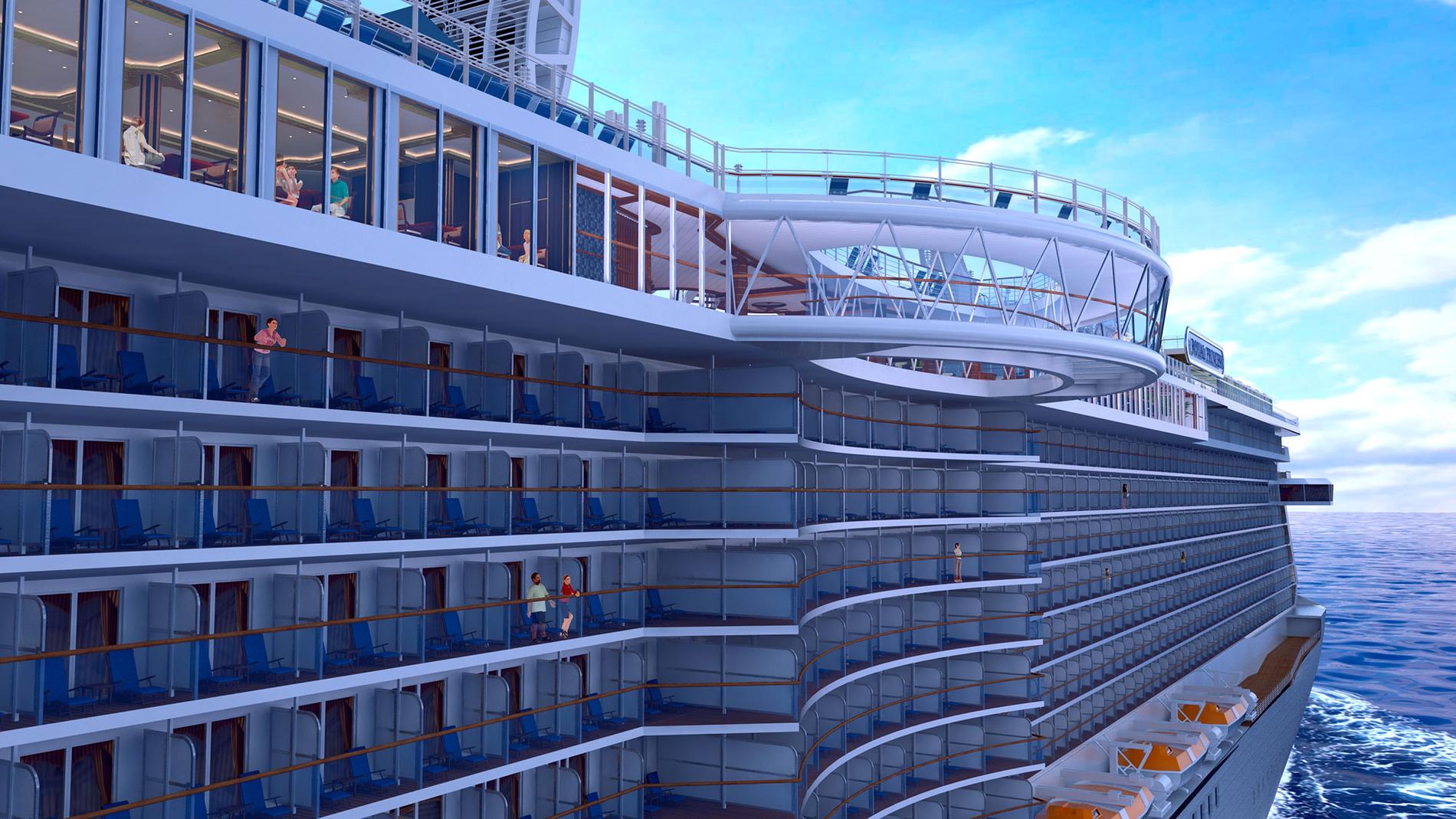 ROYAL PRINCESS Princess Cruises nya fartyg har premiär i juni 2013. Notera den svängda glasgången som hänger ut från fartygets sida.