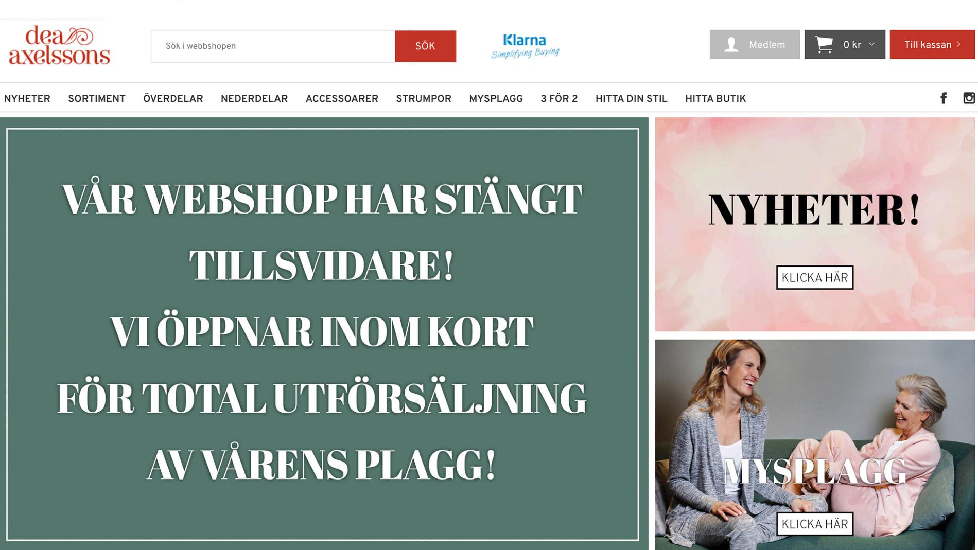 Meddelande om total utförsäljning på Dea Axelssons hemsida.