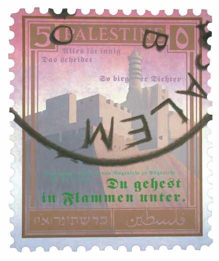Politisk konst på Vårsalongen – Jan Mankers stora frimärken ”Palestina finns 1”.