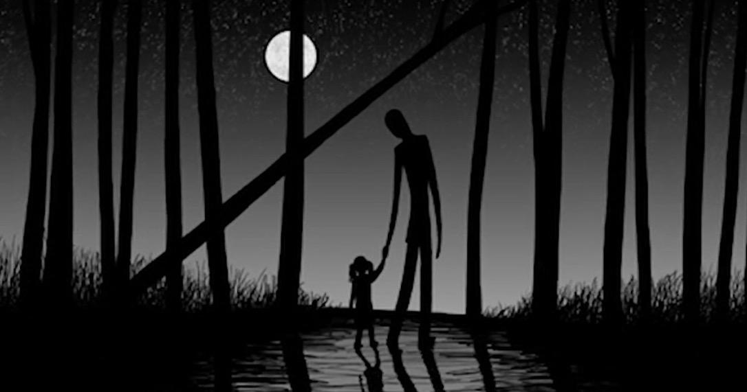 Den fiktiva spökfiguren Slenderman, här avbildad med ett barn.