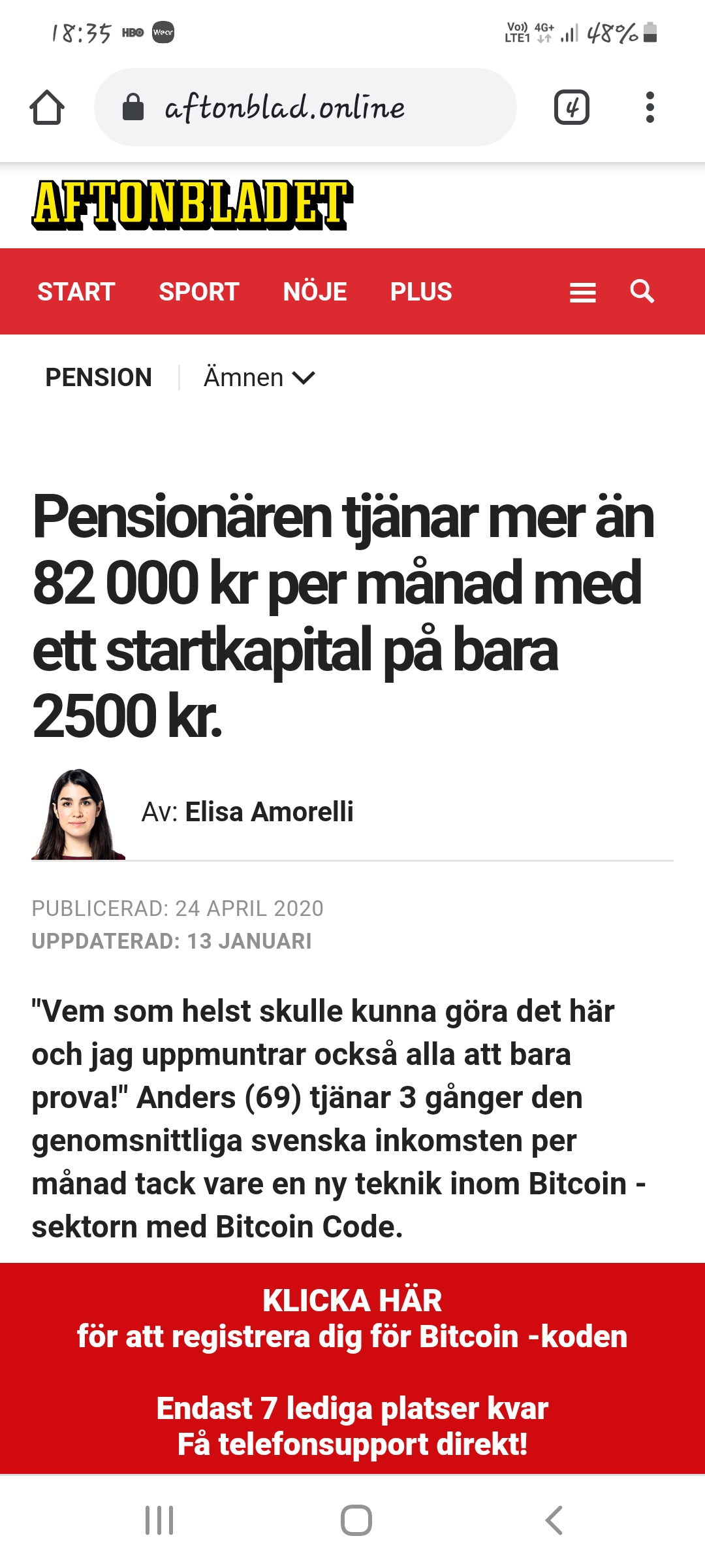 Länken kan peka till en fejksida som ser ut att komma från Aftonbladet.