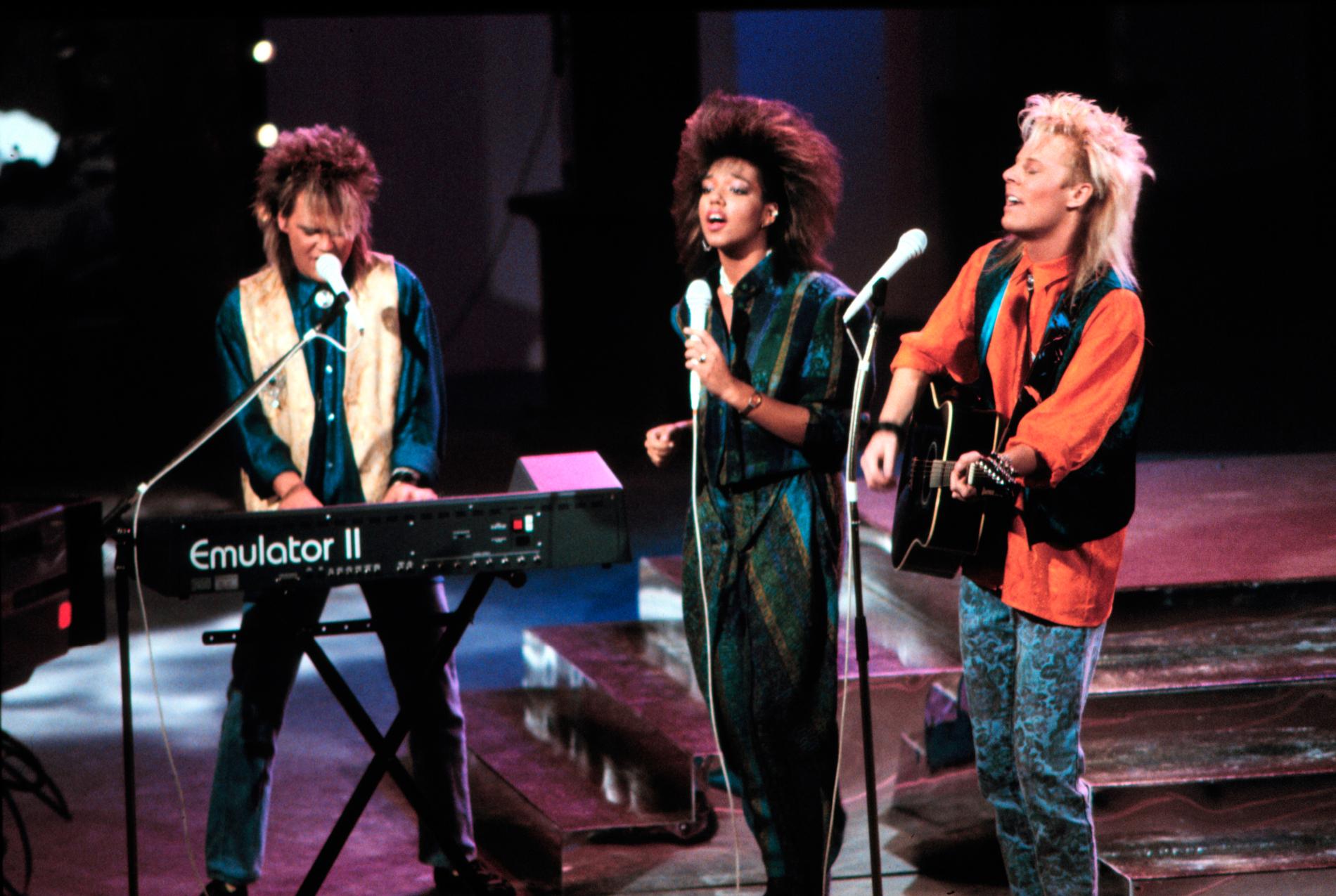 Melodifestivalen 1986. Tommy Ekman, Gigi Hamilton och Christer Sandelin.