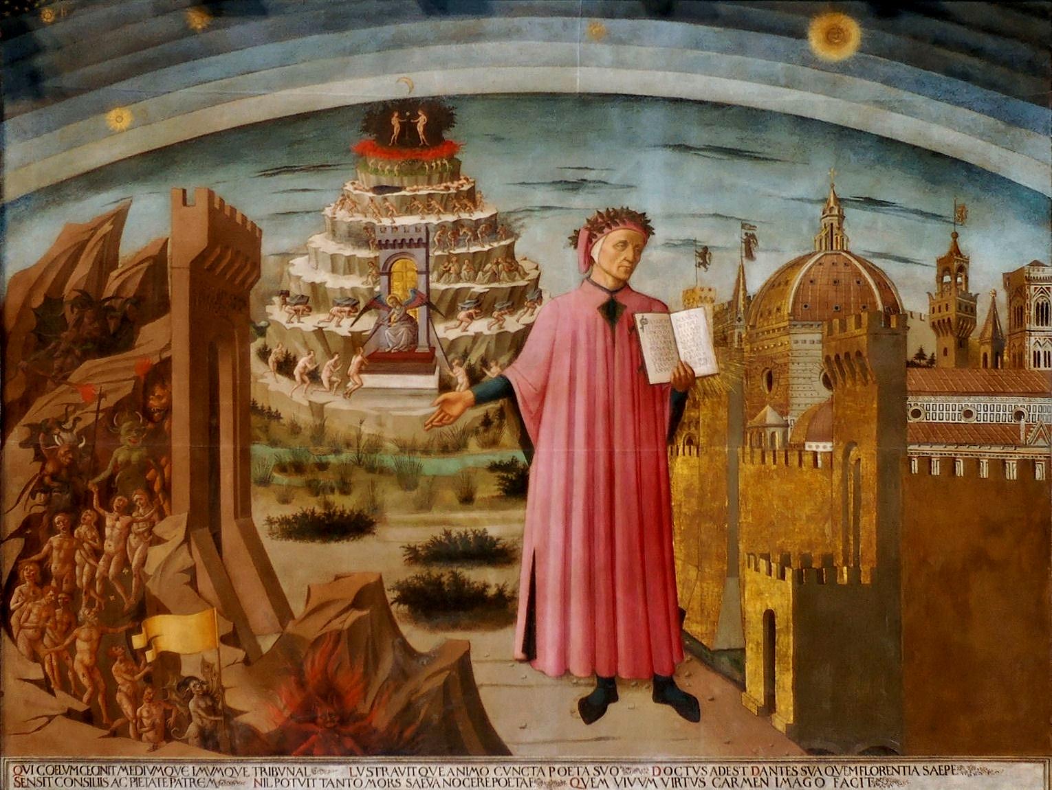 I Domenico di Michelinos tavla från 1465 ses Dante stå med ett exemplar av ”Den gudomliga komedin” vid helvetets portar.