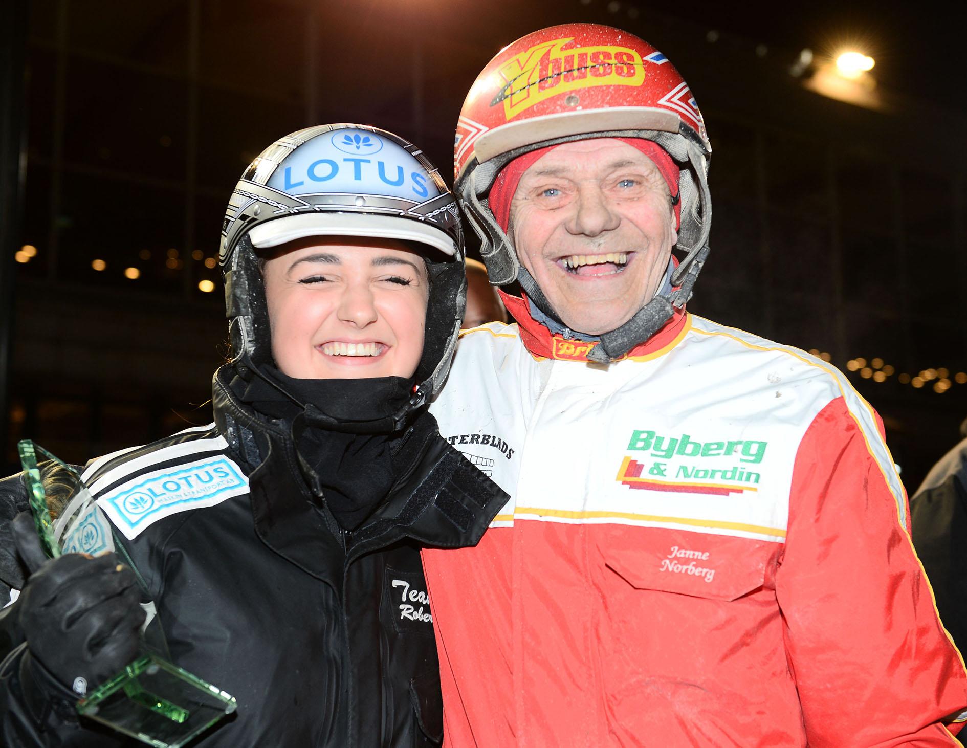 Jan Norberg tillsammans med Robert Berghs dotter Isabella Bergh efter förra onsdagens V86-succé.