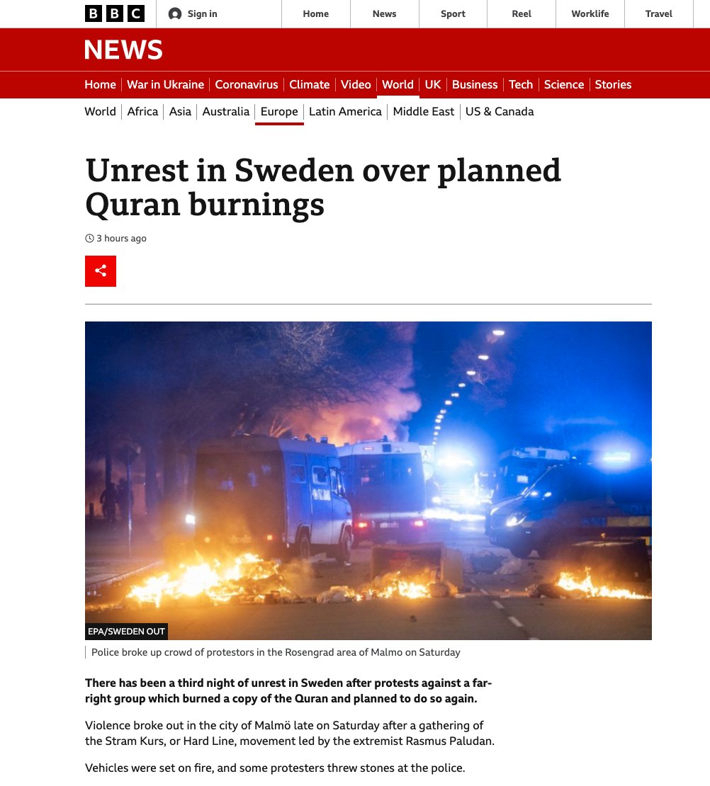 Även brittiska BBC har publicerat AP:s artikel, illustrerad med dramatiska bilder från lördagsnattens upplopp i Malmö.
