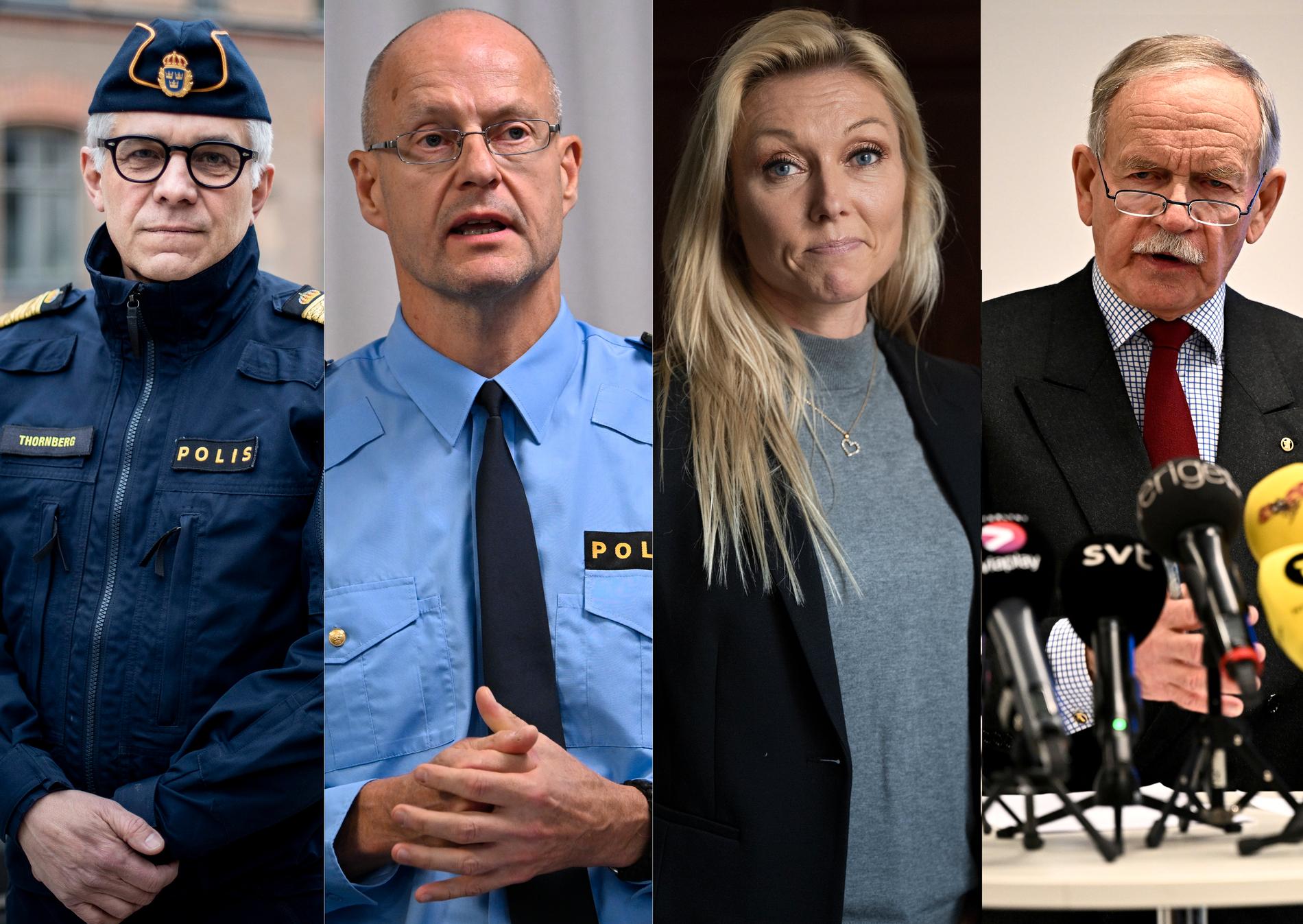 Huvudpersonerna: Rikspolischef Anders Thornberg, före detta regionpolischef Mats Löfving, Linda Staaf, Noa, och polisens externa utredare Runar Viksten.