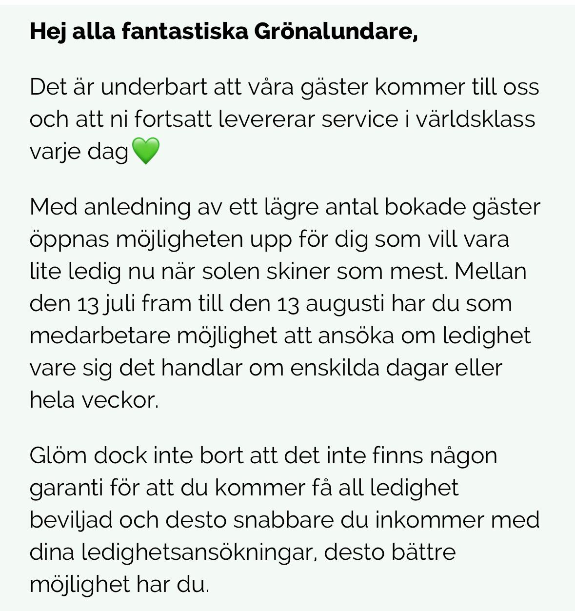 Mejlet som gick ut till medarbetarna, enligt uppgifter till Aftonbladet.