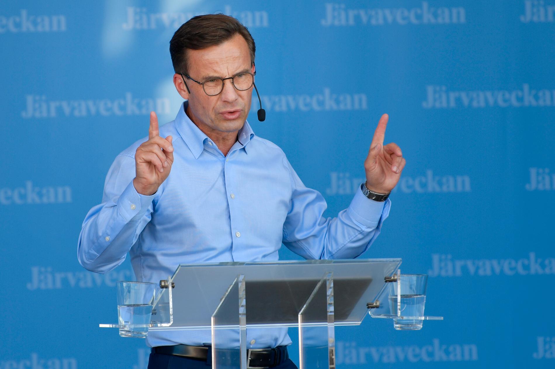 Moderaternas partiledare Ulf Kristersson under sitt tal på Järvaveckan.