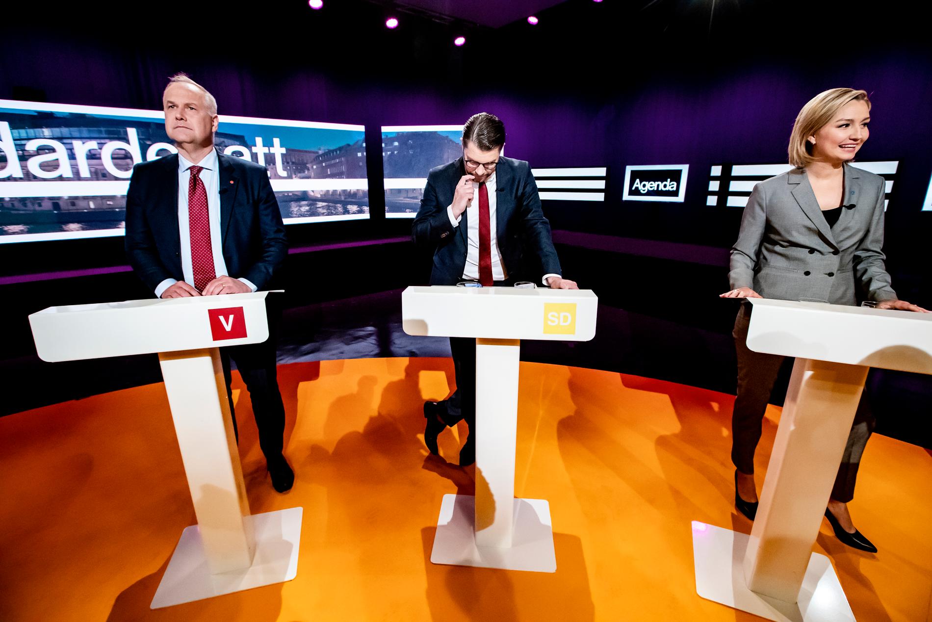 Jonas Sjöstedt, Jimmie Åkesson och Ebba Busch Thor under partiledardebatten i SVT:s Agenda i söndags. 