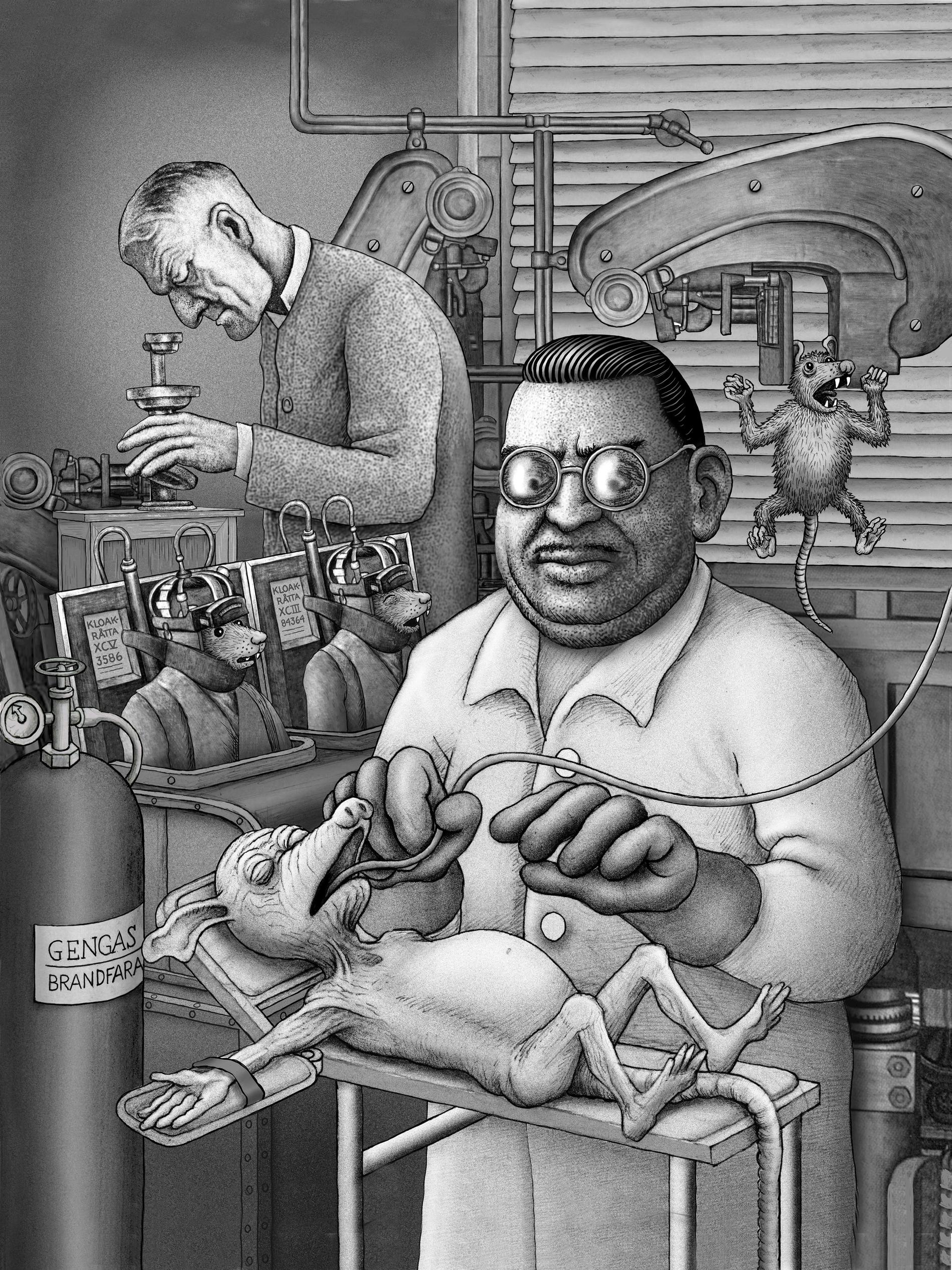 Otäcka experiment genomförs av vetenskapsmännen i Carl Johan De Geers roman "Råttornas herre". Av någon anledning valde illustratören Jan Lööf att avbilda en av forskarna som den mexikanske målaren, tillika Frida Kahlos man, Diego Rivera. Pressbild.