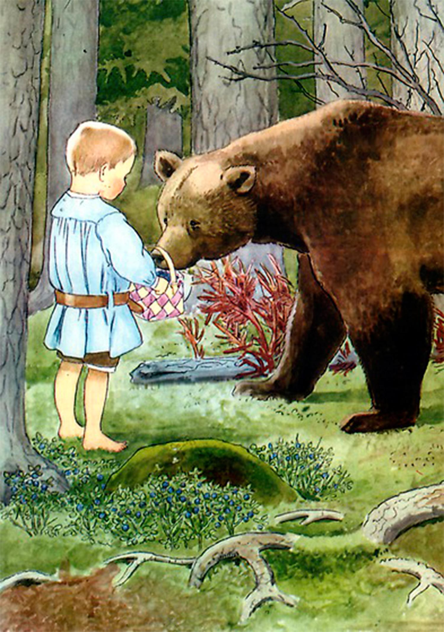 Elsa Beskows illustrationer till Alice Tegnérs visor ”Björnen sover” och (nedan)  ”Ekorrn satt i granen”.