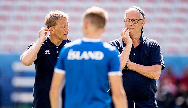Heimir Hallgrímsson och Lars Lagerbäck diskuterar under fotbolls-EM i somras.