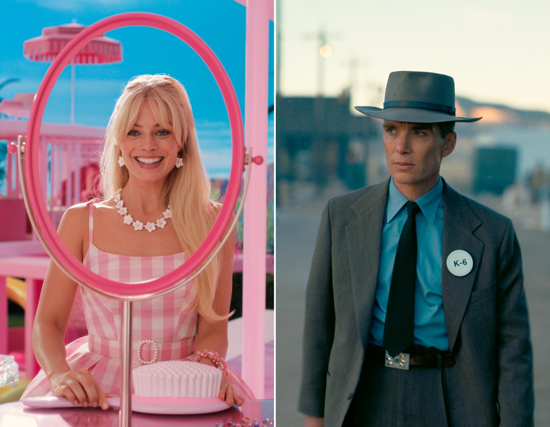 Margot Robbie i "Barbie," till vänster, ser ut att vinna helgens slag om publiken mot "Oppenheimer" om atombombens fader spelad av Cillian Murphy, till höger. Pressbilder.