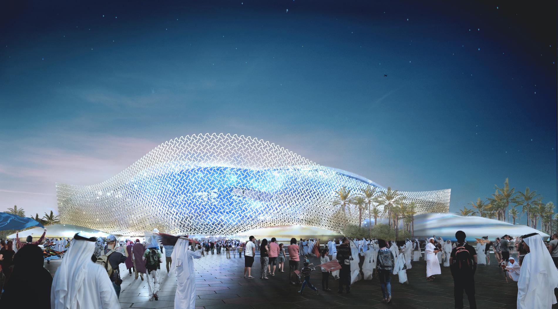 En illustration av arenorna till fotbolls-VM i Qatar