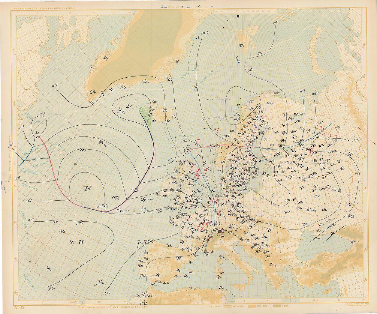 Väderanalys gällande klockan 13 den 29 juni 1947.