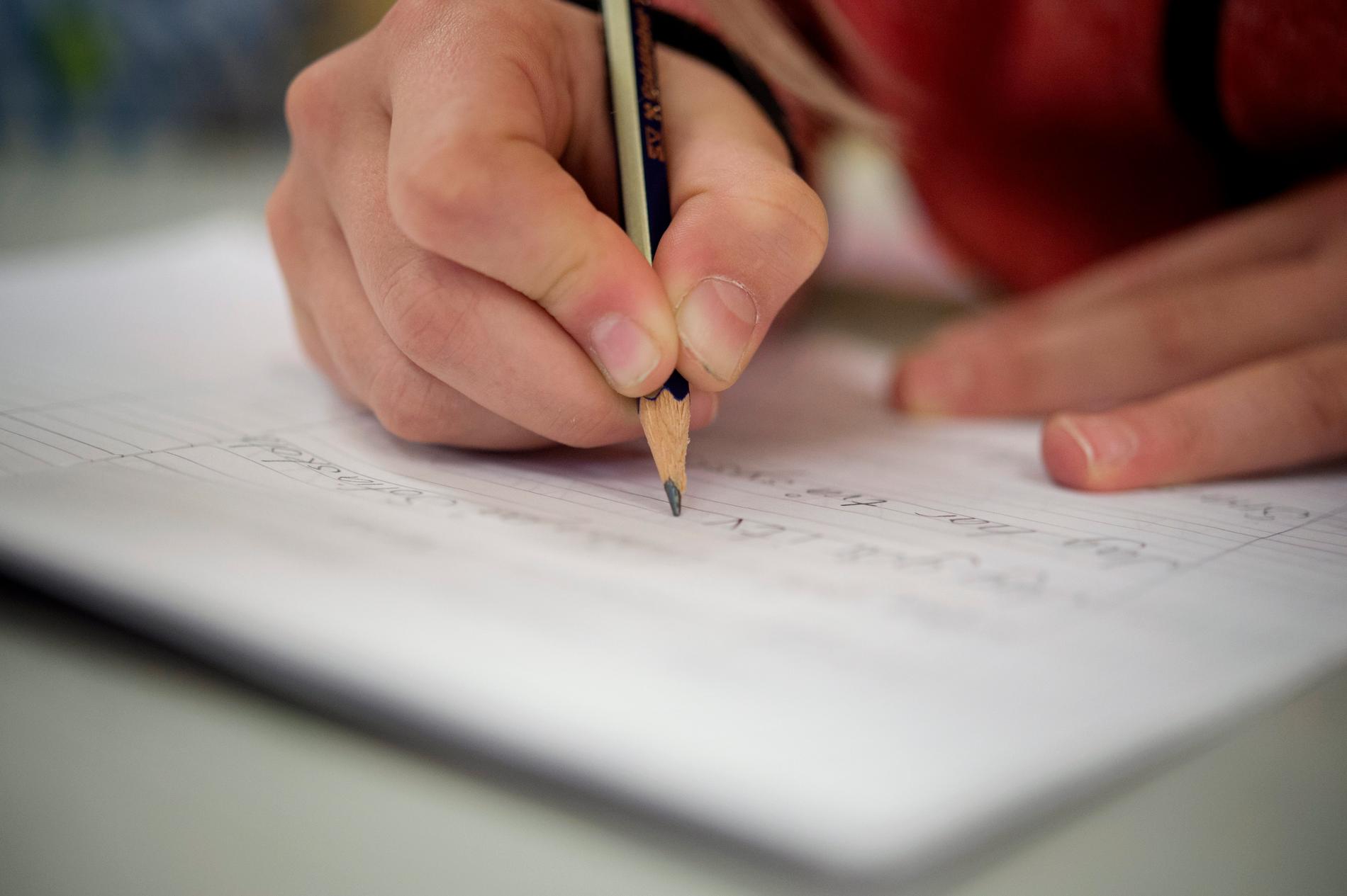 En elev skriver för hand med en blyertspenna. Arkivbild
