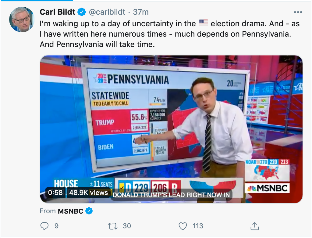 Carl Bildt (M) om att Pennsylvania kan bli en avgörande stat i presidentvalet. 