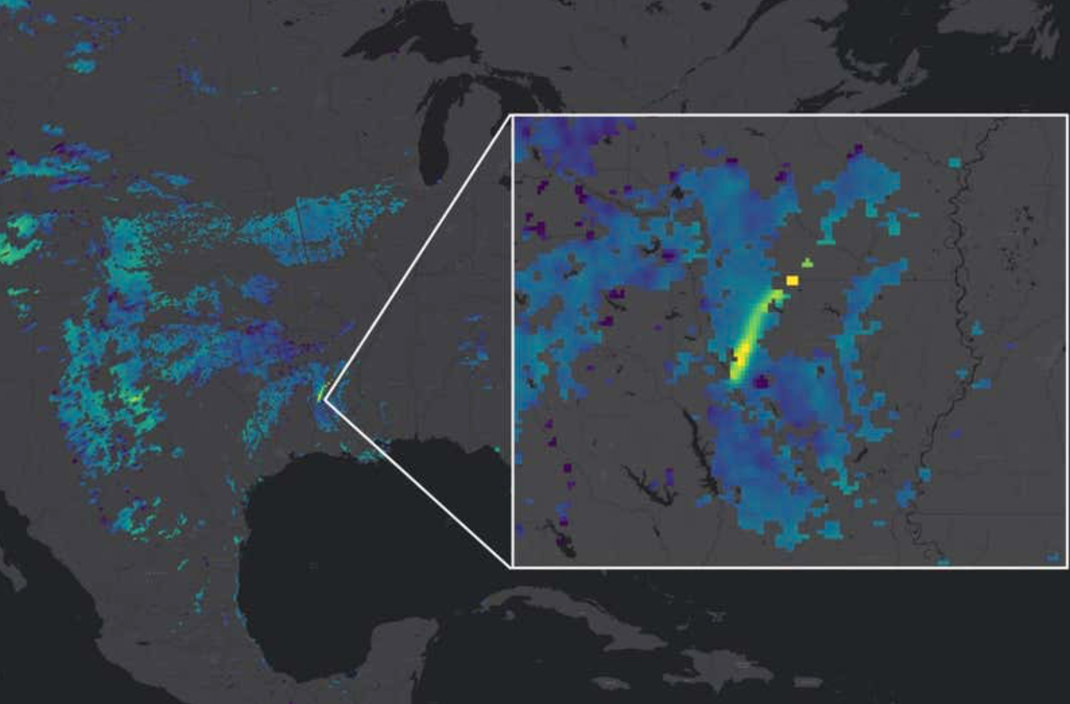Satellitbild visar rökpelare av metangas i USA 2019.