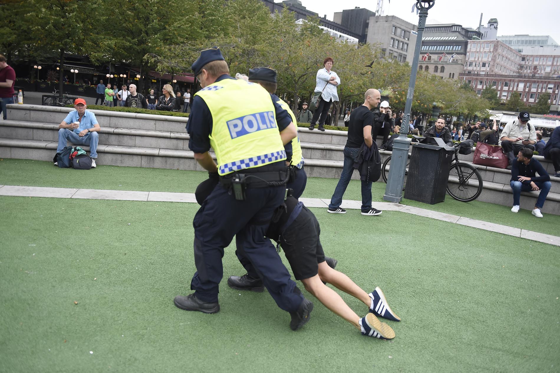 Polisen omhändertar en person under Alternativ för Sverige valkampanj i Kungsträden i Stockholm.