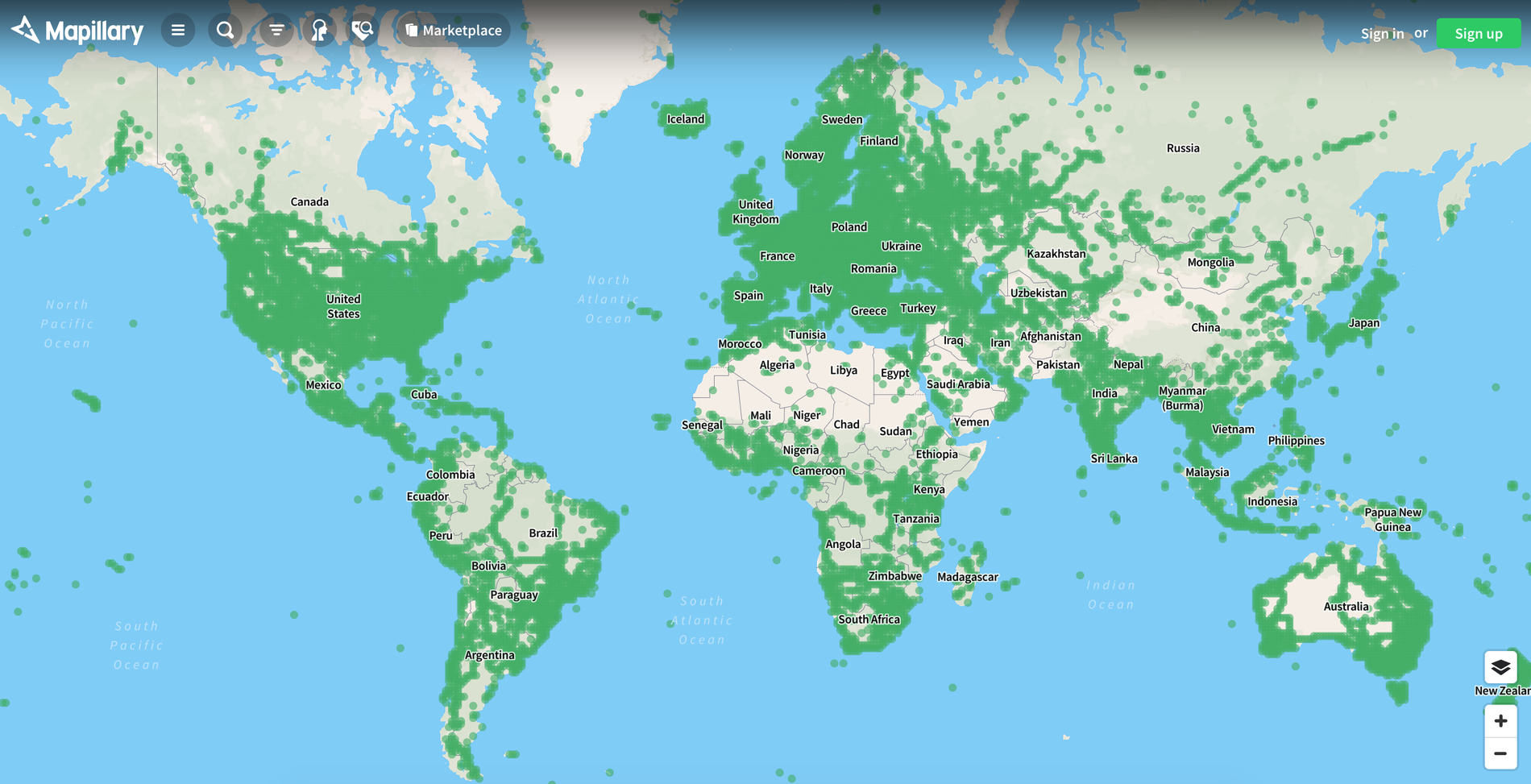 Översiktsbild på de områden som Mapillarys användare har hjälpt till att kartlägga hittills.