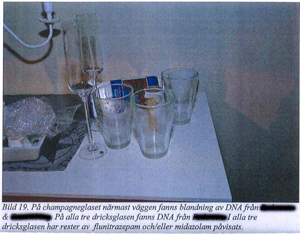 DNA från läkaren och offret har hittats på champagneglaset. Även spår av flunitrapezan och/ellermidazolam.