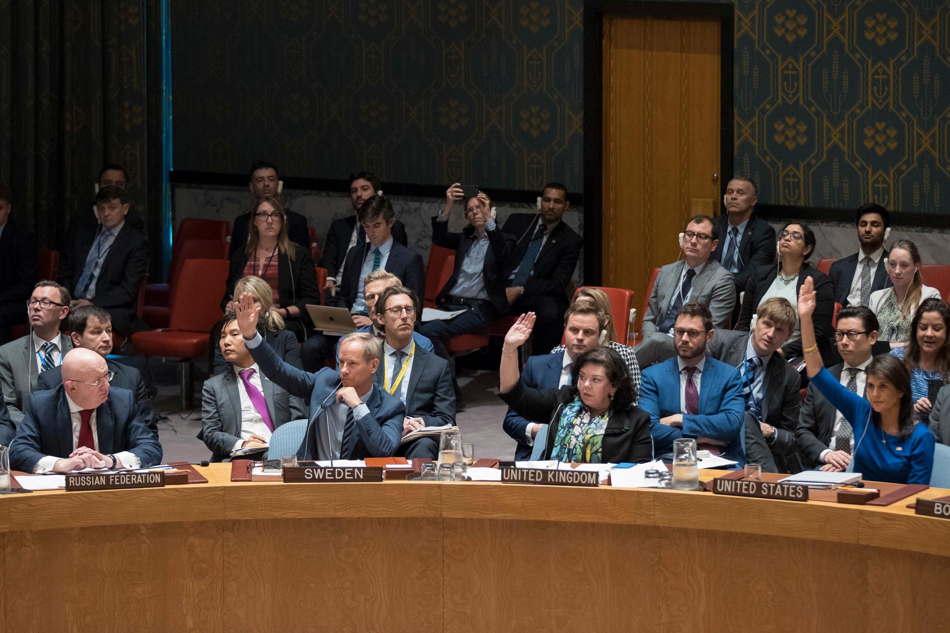 Ryske FN-ambassadören Vassily Nebenzia iaktar Sveriges FN-ambassadör Olof Skoog, Storbritaniens  Karen Pierce och USA:s Nikki Haley under omröstningen i FN:s säkerhetsråd under lördagen. 