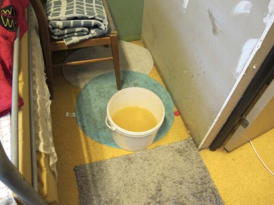  I en hink med urin i ett av rummen i fastigheten då toalett var ur funktion.