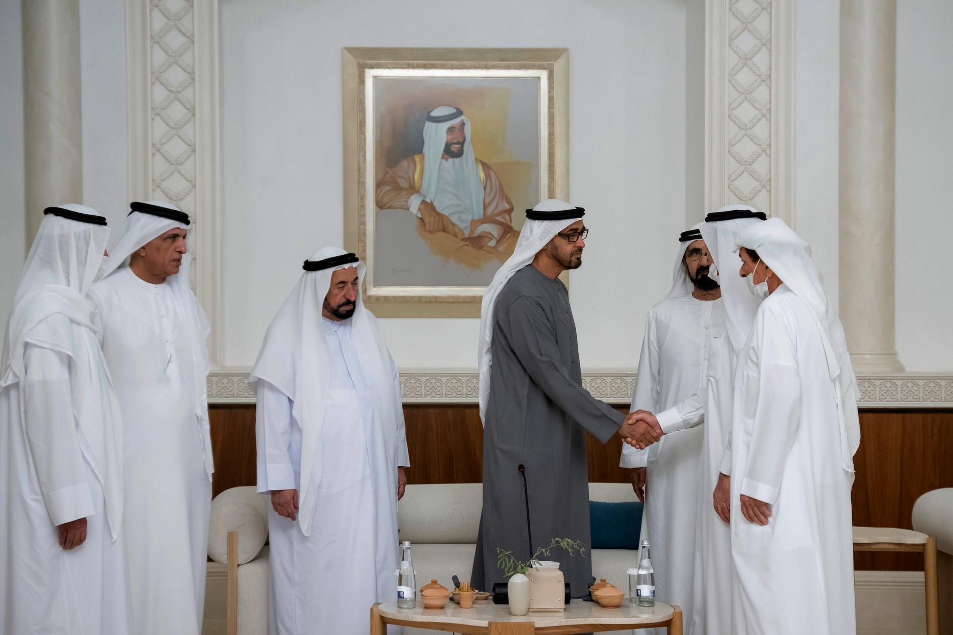 Shejk Mohamed bin Zayed Al Nahyan, president för Förenade Arabemiraten och ledare för Abu Dhabi skakar hand med de andra emirat-ledarna. 
