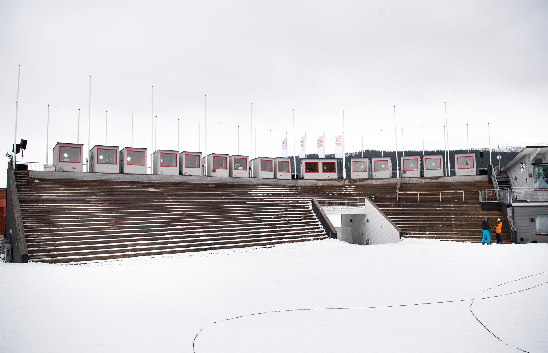 Ett så gott som tomt målområde i Åre. Här skulle de avslutande tävlingarna i damernas alpina världscup ha avgjorts torsdag-lördag.