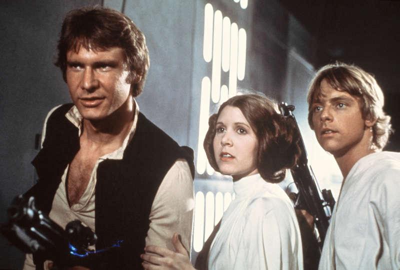 Harrison Ford, Carrie Fisher och Mark Hamill i ”Stjärnornas krig” från 1977.