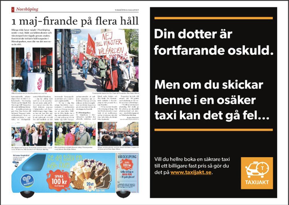 Taxireklamen anspelar på våldtäkter. Faksimil från Norrköpings-Magazinet.