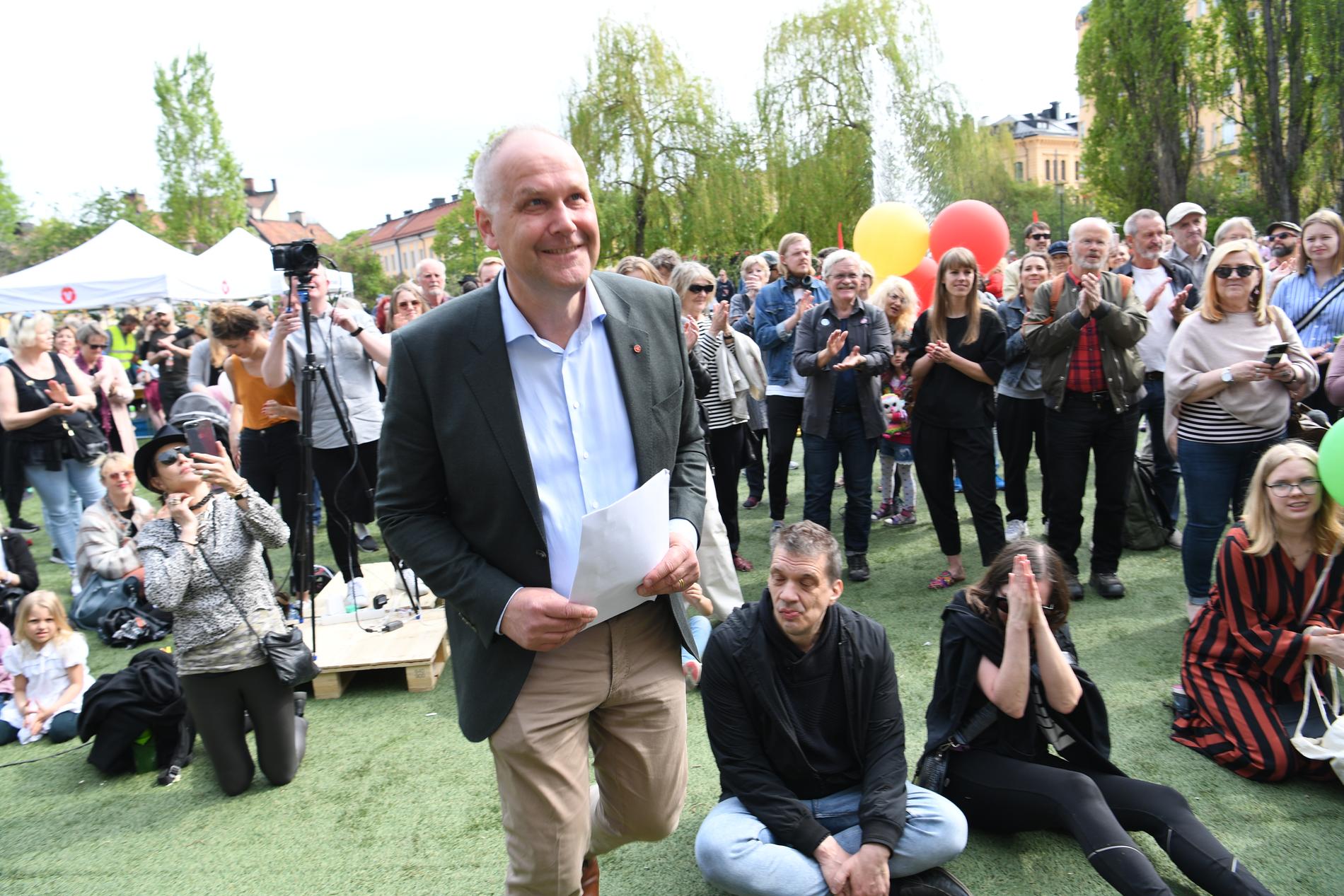 Vänsterpartiets partiledare Jonas Sjöstedt på partiets vårfest på Nytorget i Stockholm.