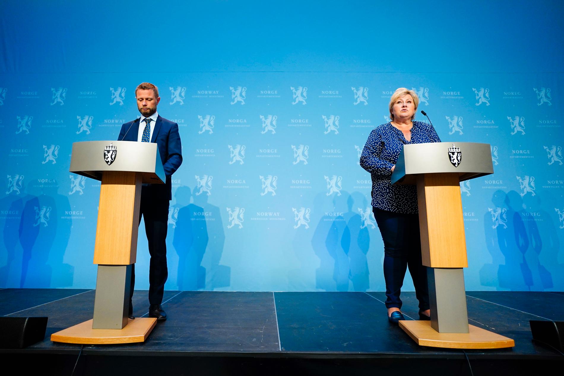 Hälso- och omsorgsminister Bent Høie och Norges statsminister Erna Solberg.