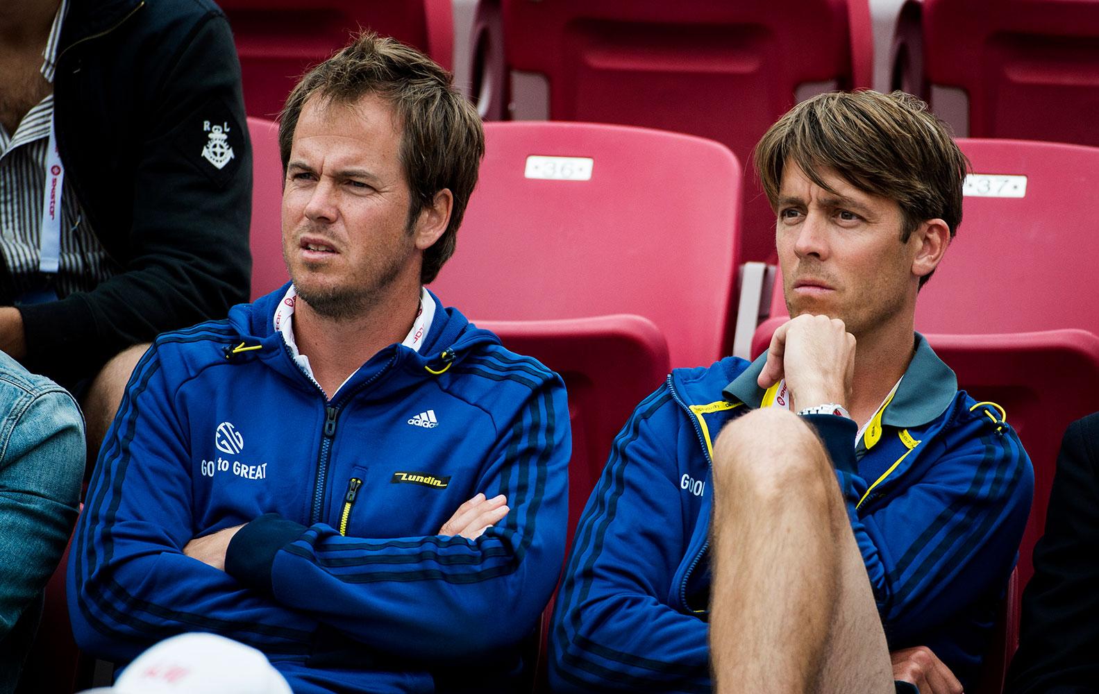 Mikael Tillman, till höger, med Magnus Norman som tränar Stanislas Wawrinka.