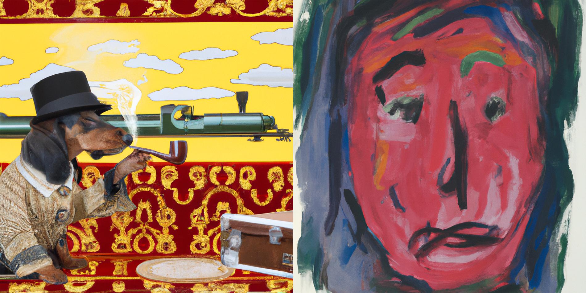 Två verk av AI-konstnären ”DALL·E”: ”A dachshound smoking a pipe on the Orient Express” samt Ulf Lundells ”Madonna”, skapad med samma process.