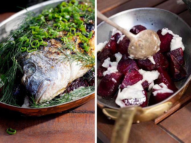 Grillad fisk - enklare än du tror. Servera med rödbetor och vitlökskräm.