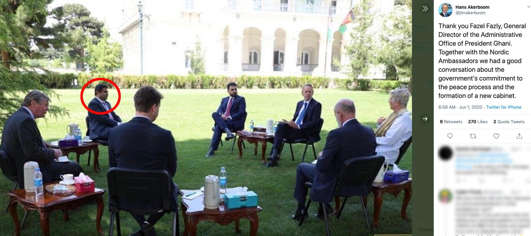Fazel Fazly i möte på plats i Kabul i somras med ambassadörer från de nordiska länderna, bland dem Sveriges ambassadör i Afghanistan, Caroline Vicini längst till höger.