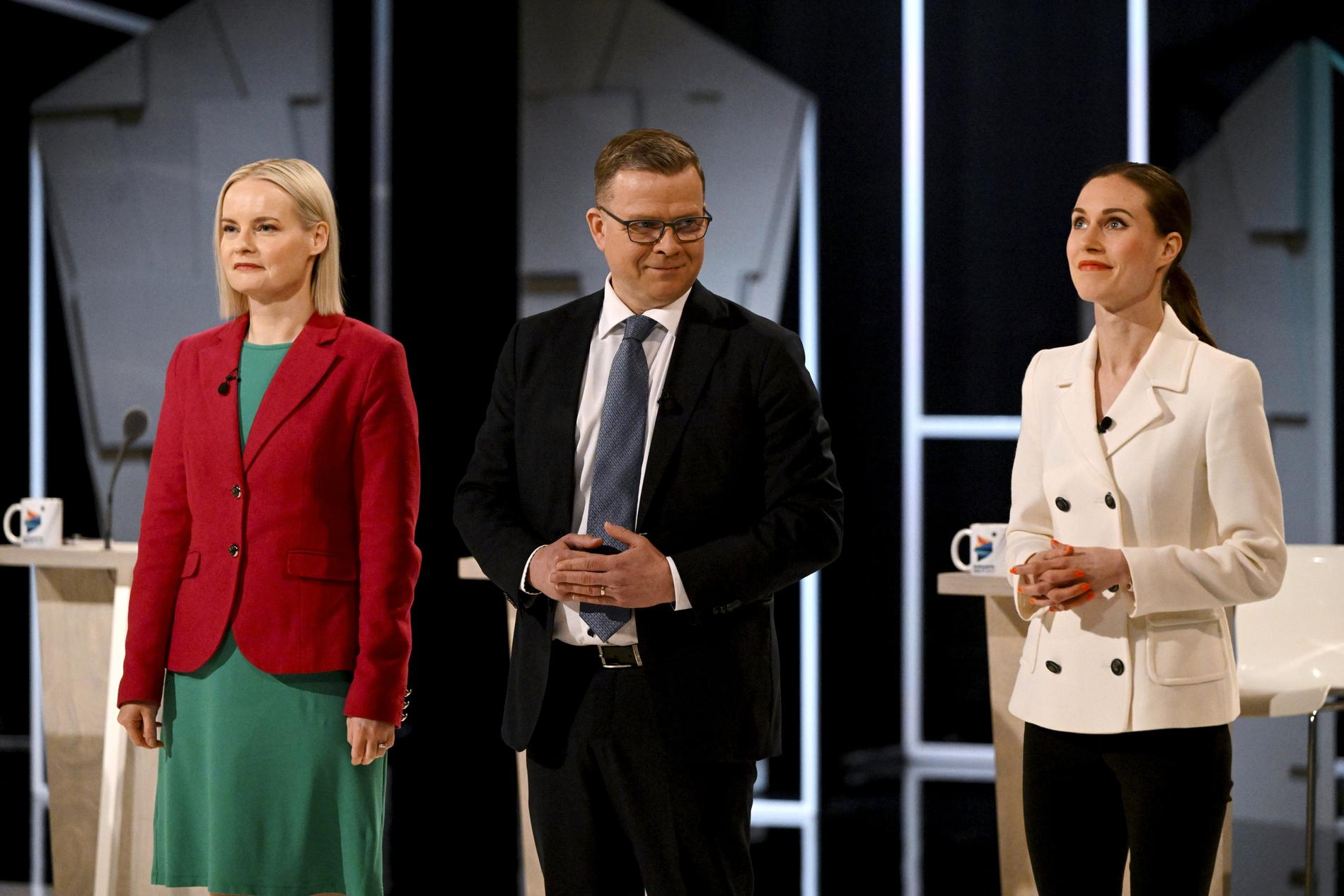 Sannfinländarnas Riikka Purra, Samlingspartiets Petteri Orpo och Socialdemokraternas Sanna Marin under en debatt i torsdags.