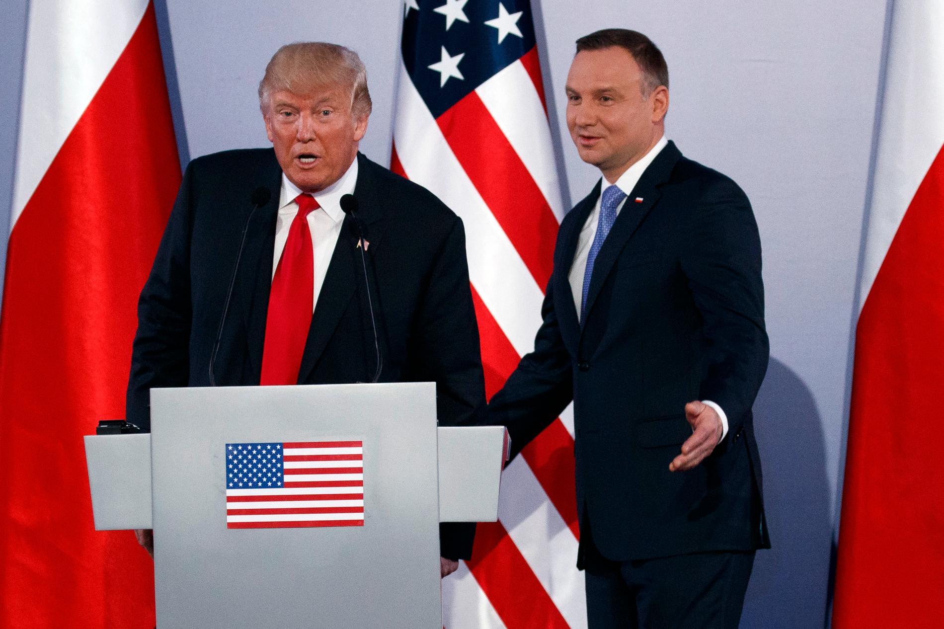 Donald Trump med Polens president Andrzej Duda i Warszawa 2018.