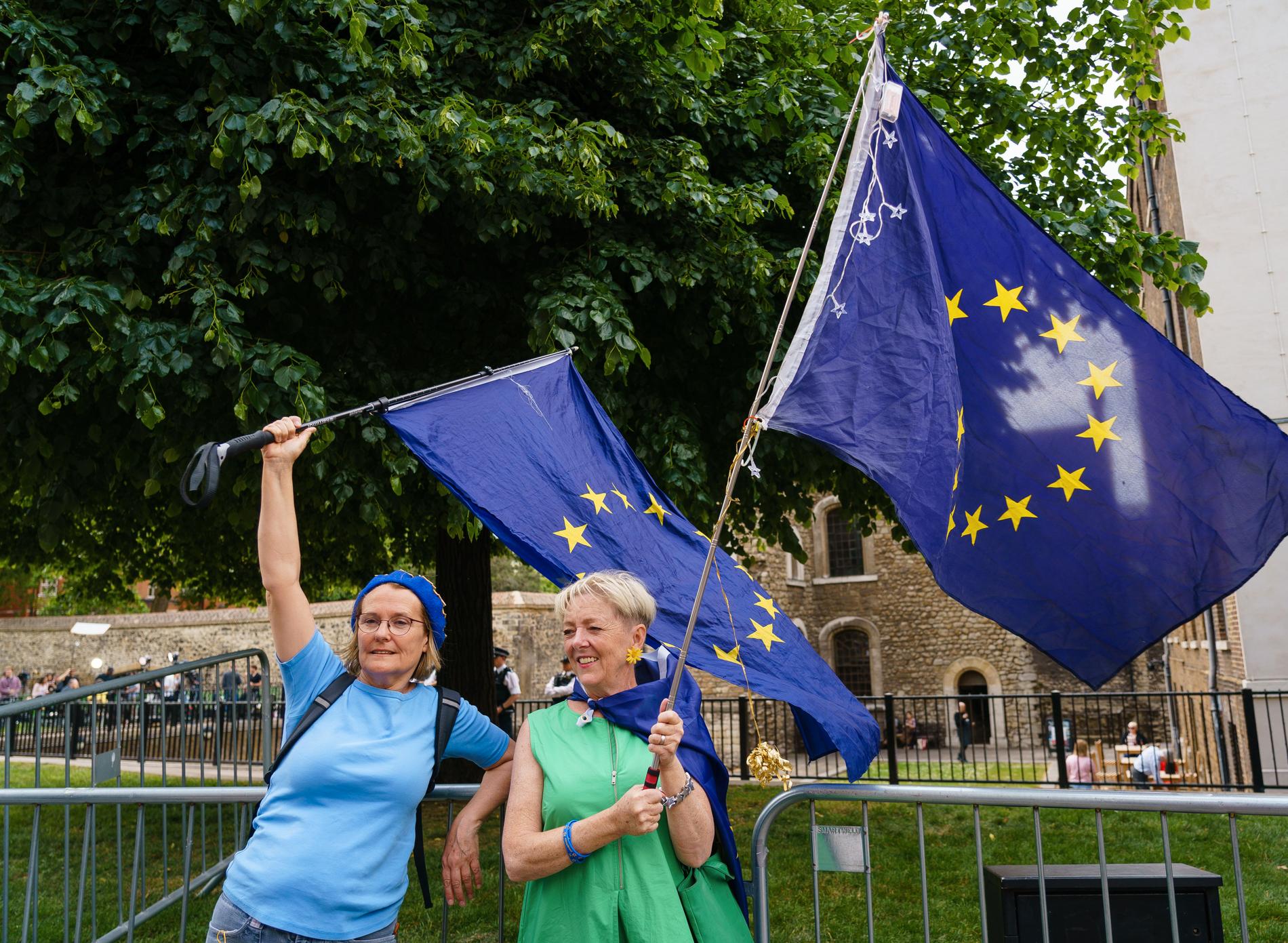Anhängare till ”remain”-sidan, alltså de som vill stanna kvar i EU, viftar på Europeiska unionens flagga.