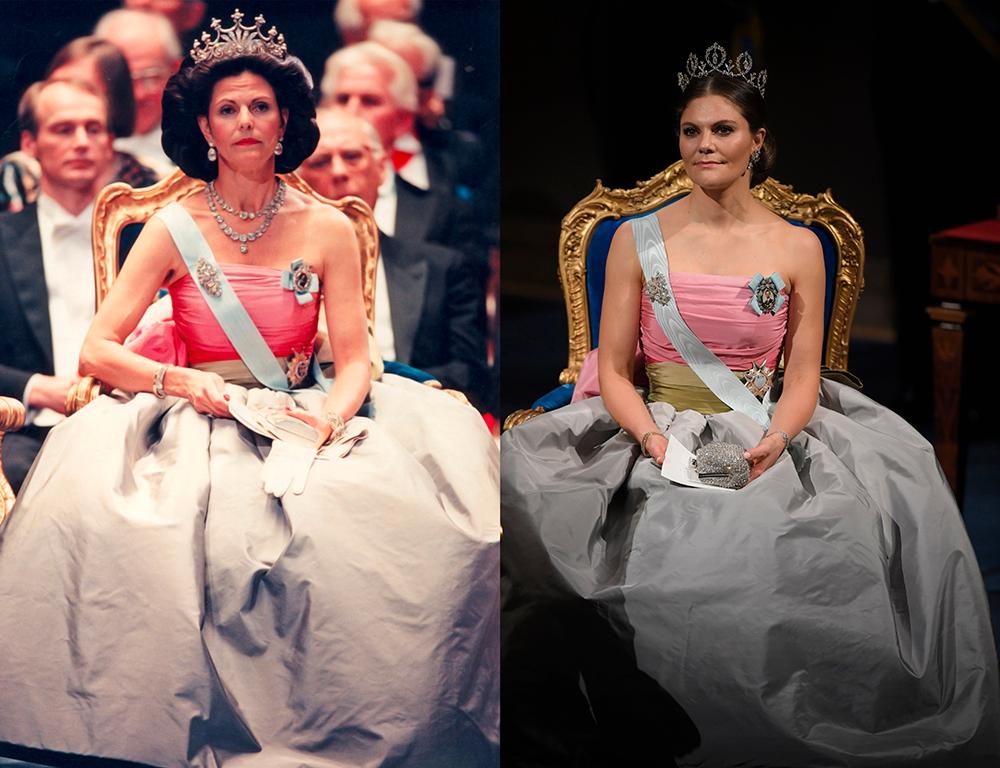 Drottning Silvia bar den vackra klänningen från Nina Ricci på Nobelfesten 1995. Victoria bar samma klänning på Nobel 2018. 