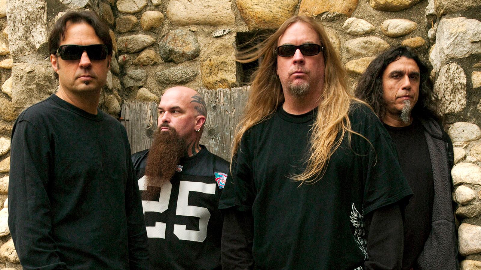 Slayer 2013, från vänster Dave Lombardo, Kerry King, Jeff Hanneman och Tom Araya.