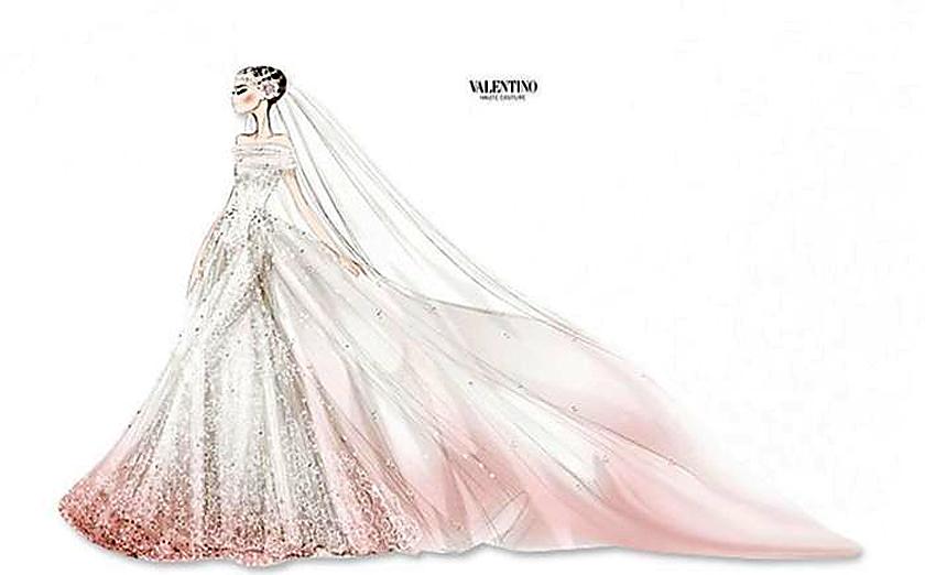 Så här såg Valentinos skiss på Anne Hathaways brudklänning ut. Den nedersta kanten och slöjan är rosafärgad.