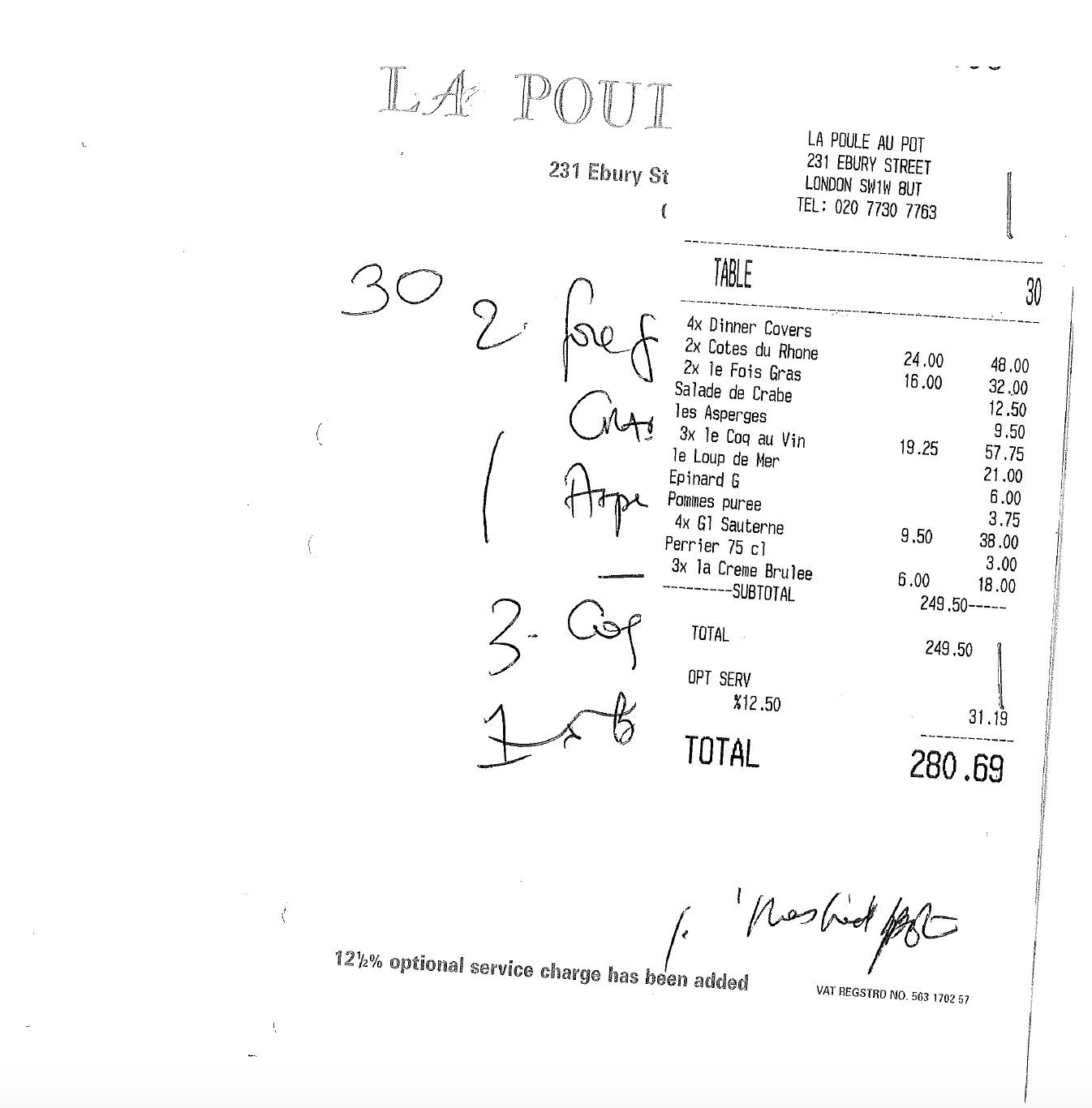 Nota på drygt 3 000 svenska kronor från den exklusiva franska bistron Le Puole a Pot i London.
