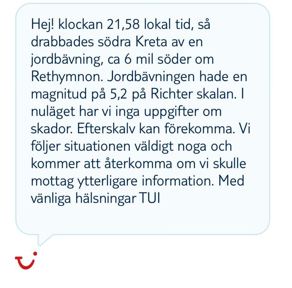Meddelandet som gick ut till svenska turister.